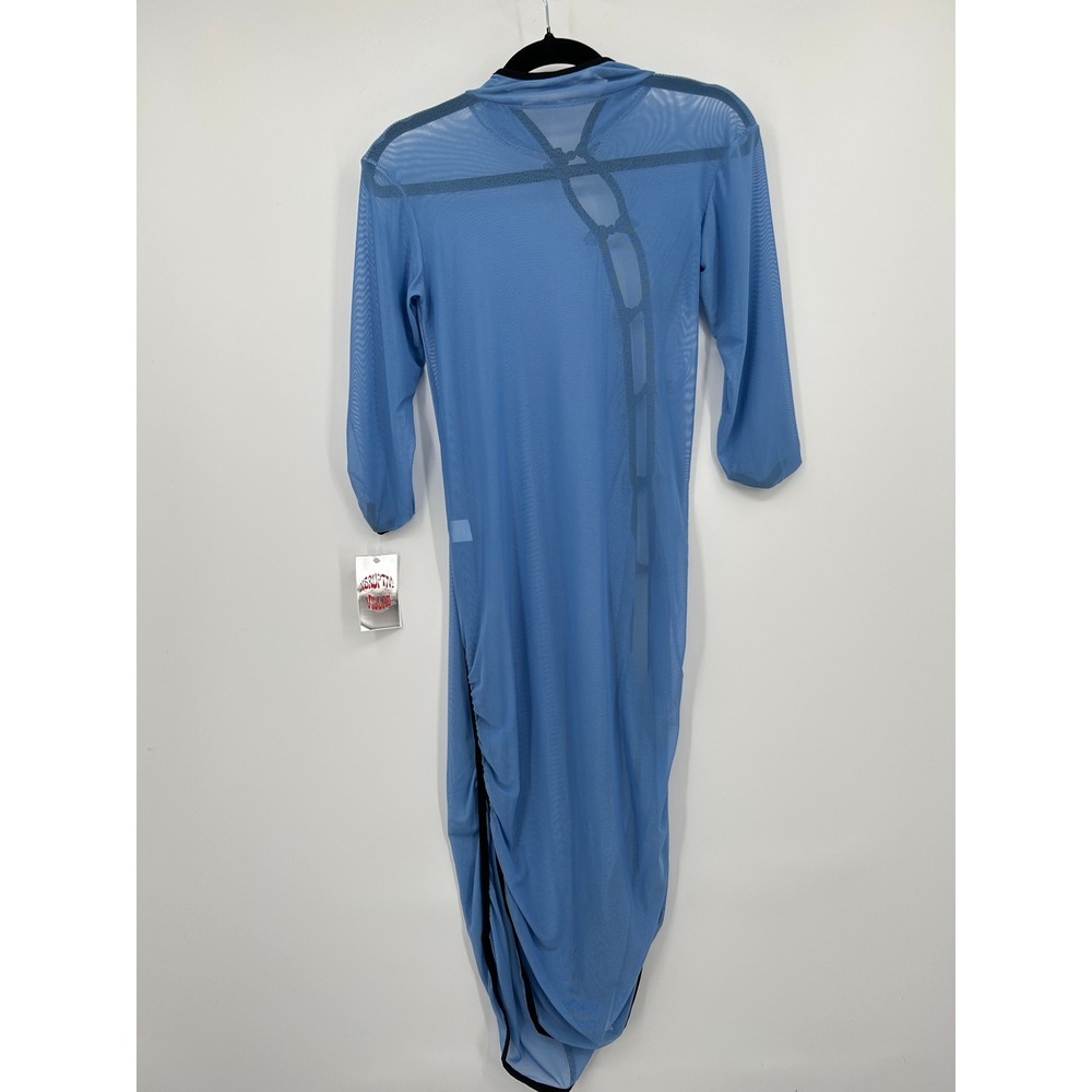 Blue Sheer Mesh Frog Knot Asymmetric Midi Dress Womens Small - Picture 6 of 12